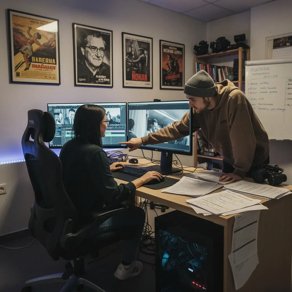 Jelenet a vágószobában, ahol a szerkesztők éppen a nyersanyagokat szerkesztik.