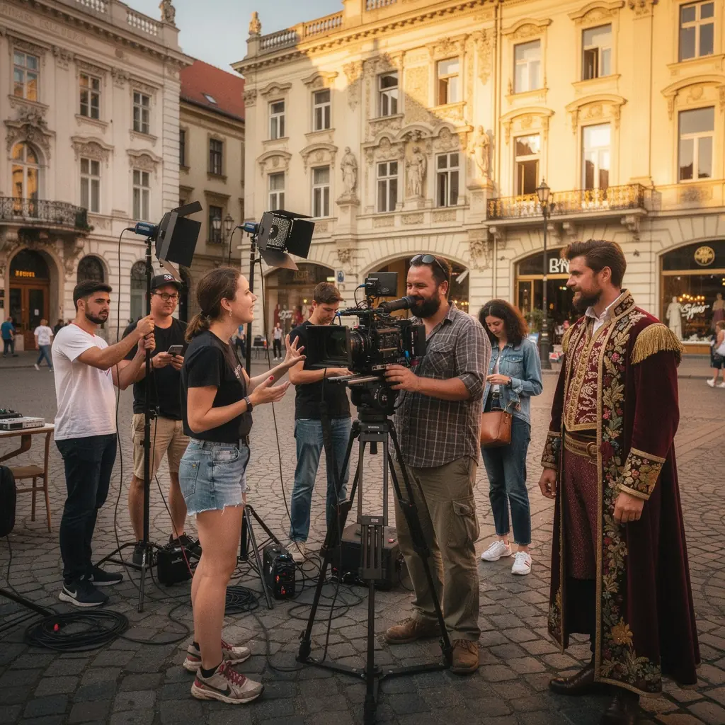 Cinematográfus a kültéri forgatáson, világítással és kamerával a kezében.