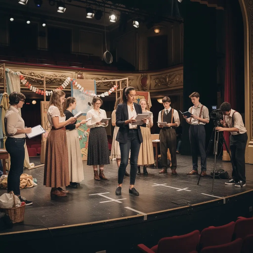 Rendező egy jelenetet irányít, miközben a színészek előkészülnek.