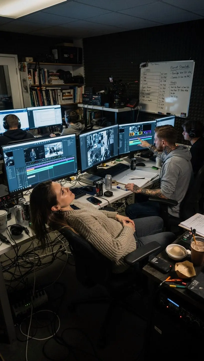 Rendező egy jelenetet irányít, miközben a színészek előkészülnek.