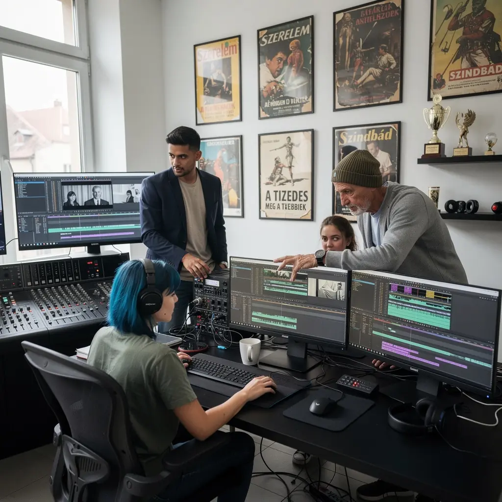 Filmkészítő diákok egy professzionális kamerával dolgoznak a stúdióban.