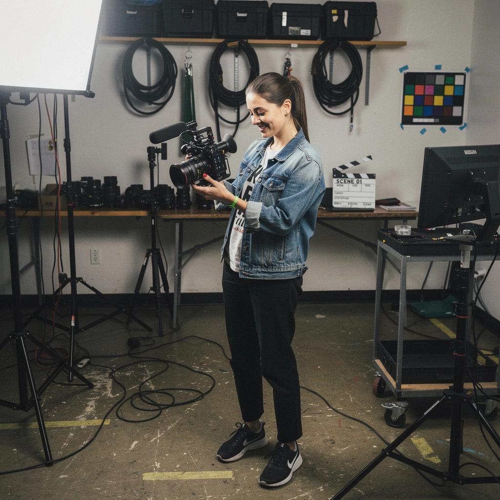 Egy diák, aki a kamerát állítja be, miközben tanára segíti őt a technikai részletekben.